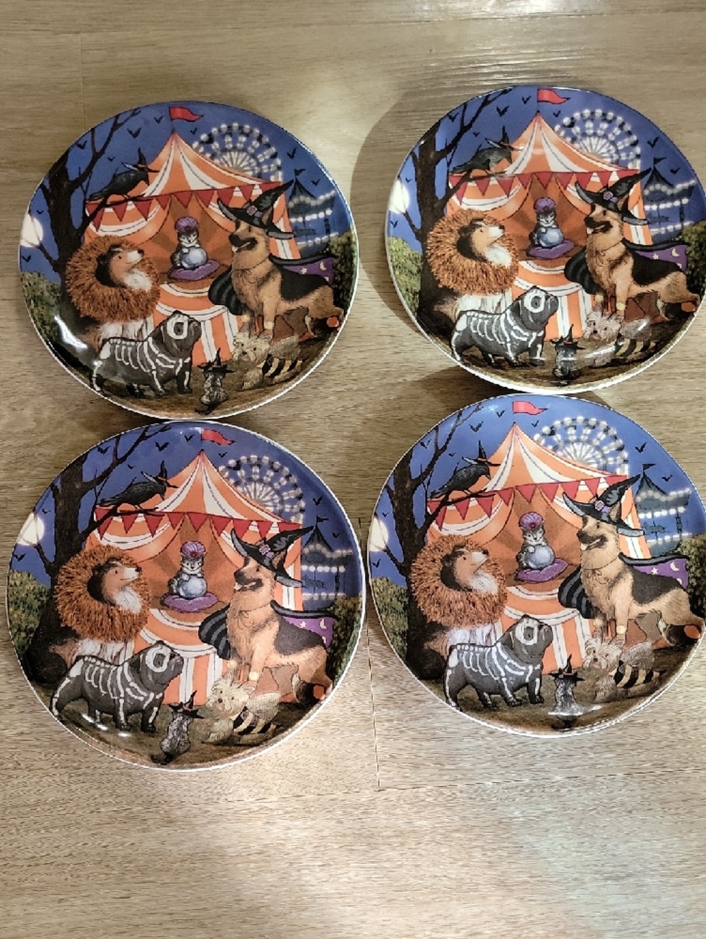 Pier 1 Dogs In Costumes At Midnight White Ironstone Plate Backstamp Set Of 4